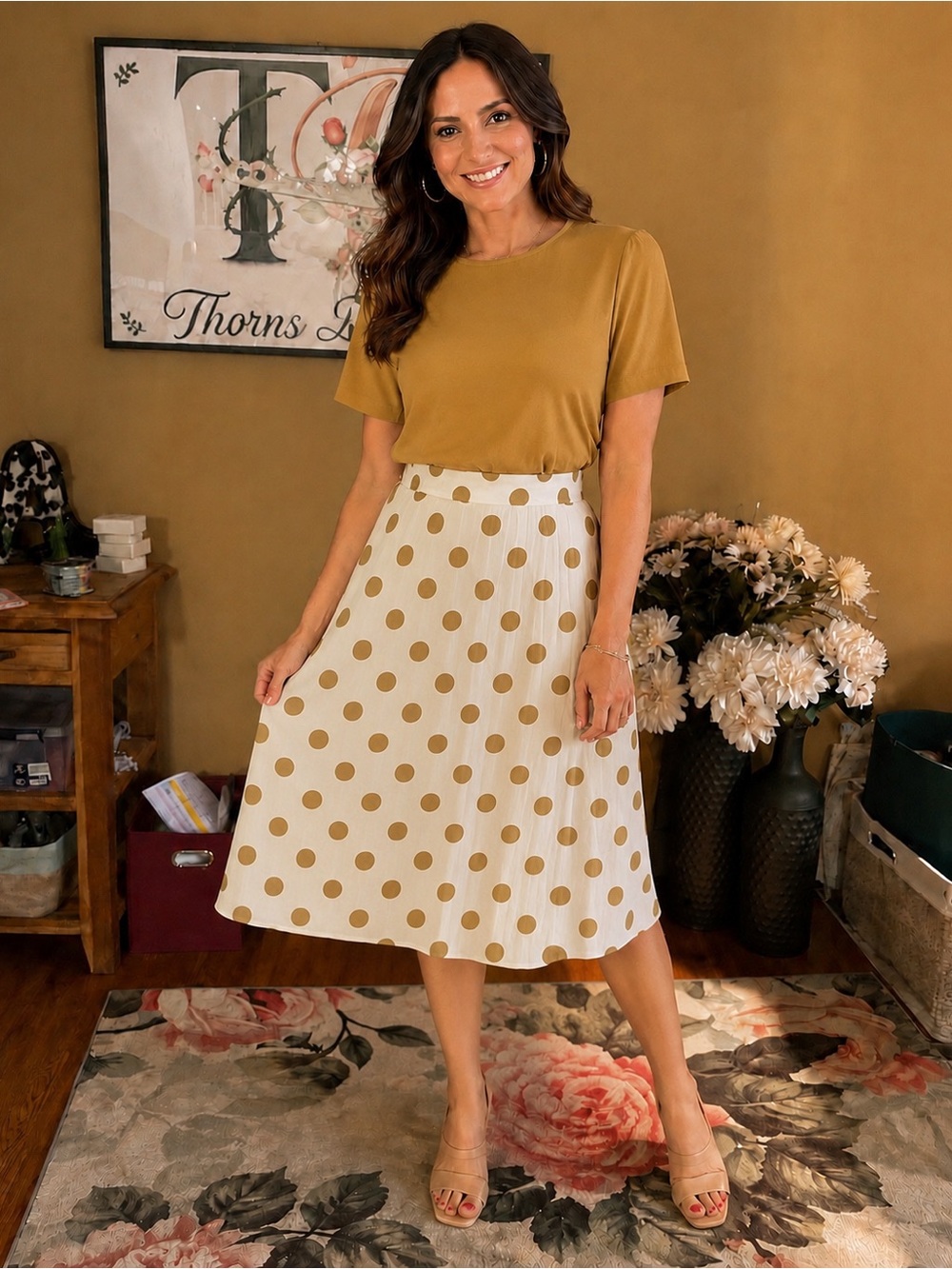 NWT Tulip B Polka Dot Midi Skirt in Cream and Gold Lined Pockets